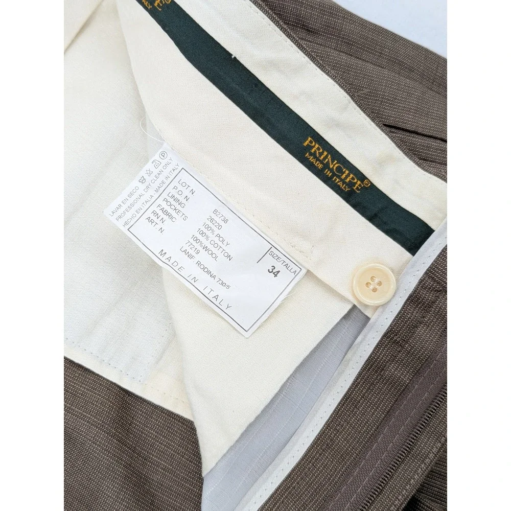 Principe Made in Italy Wool Trousers Mens 34 Brown Pleated Wide Leg Cuffed